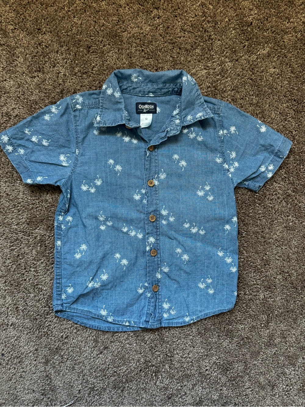 OshKosh B'gosh Cotton Blue Palm-Print Button Down Short Sleeve Shirt Sz 5T